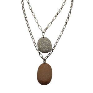 Silver Tone River Stone Pendant Necklace Set Women Natural Charm Boho Hippie